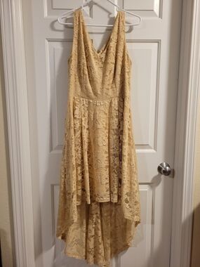 Muadress Cream V-Neck Floral Lace High-Low Dress